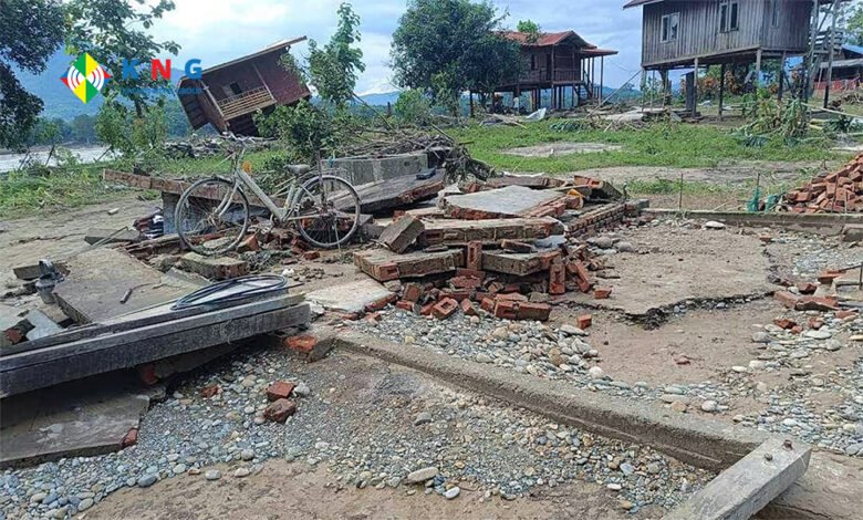ဧရာဝတီမြစ်ရေကြီးပြီးနောက် မလိယန်ကျေးရွာရှိပျက်စီးသွားတာနေအိမ်များ